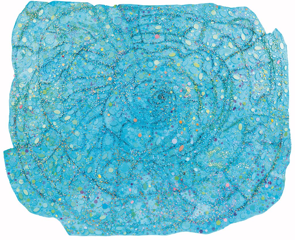 A blue work of art by Howardena Pindell.
